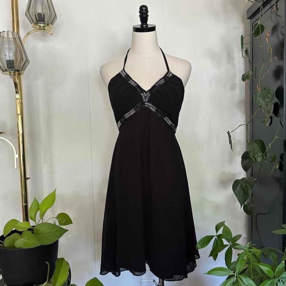 Pagani Y2K Black Beaded Halter Mini Dress Sheer Fairycore Goth Size 12